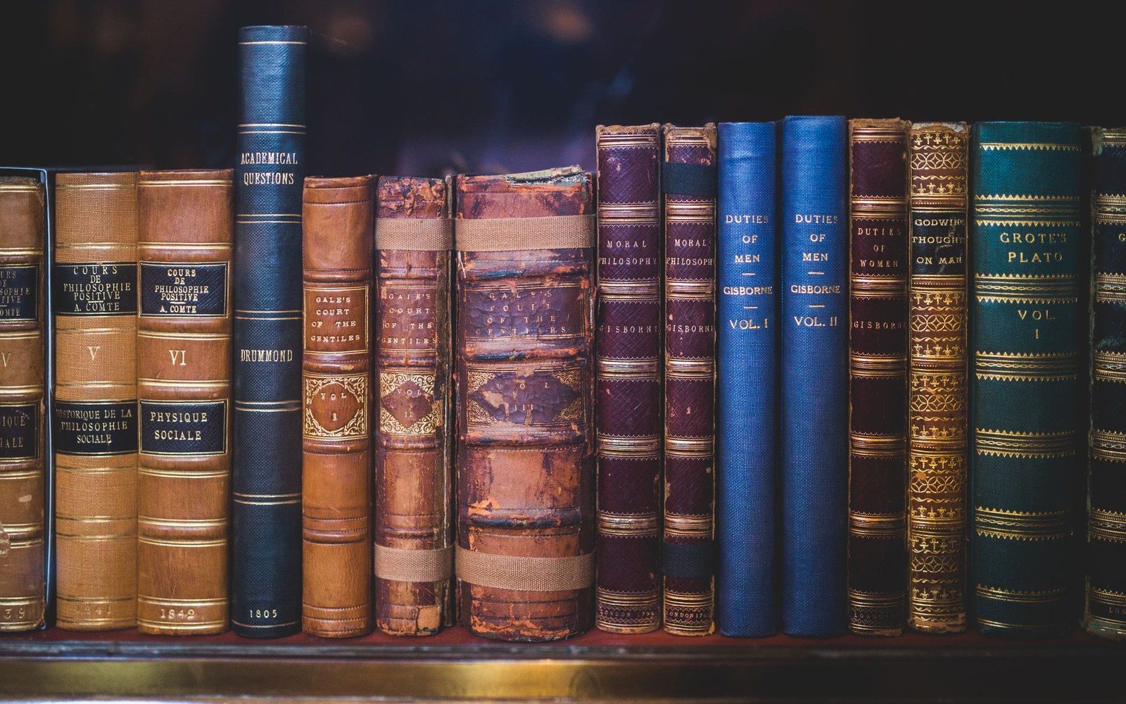 Row of antique leather-bound philosophy volumes with gilt lettering on their spines