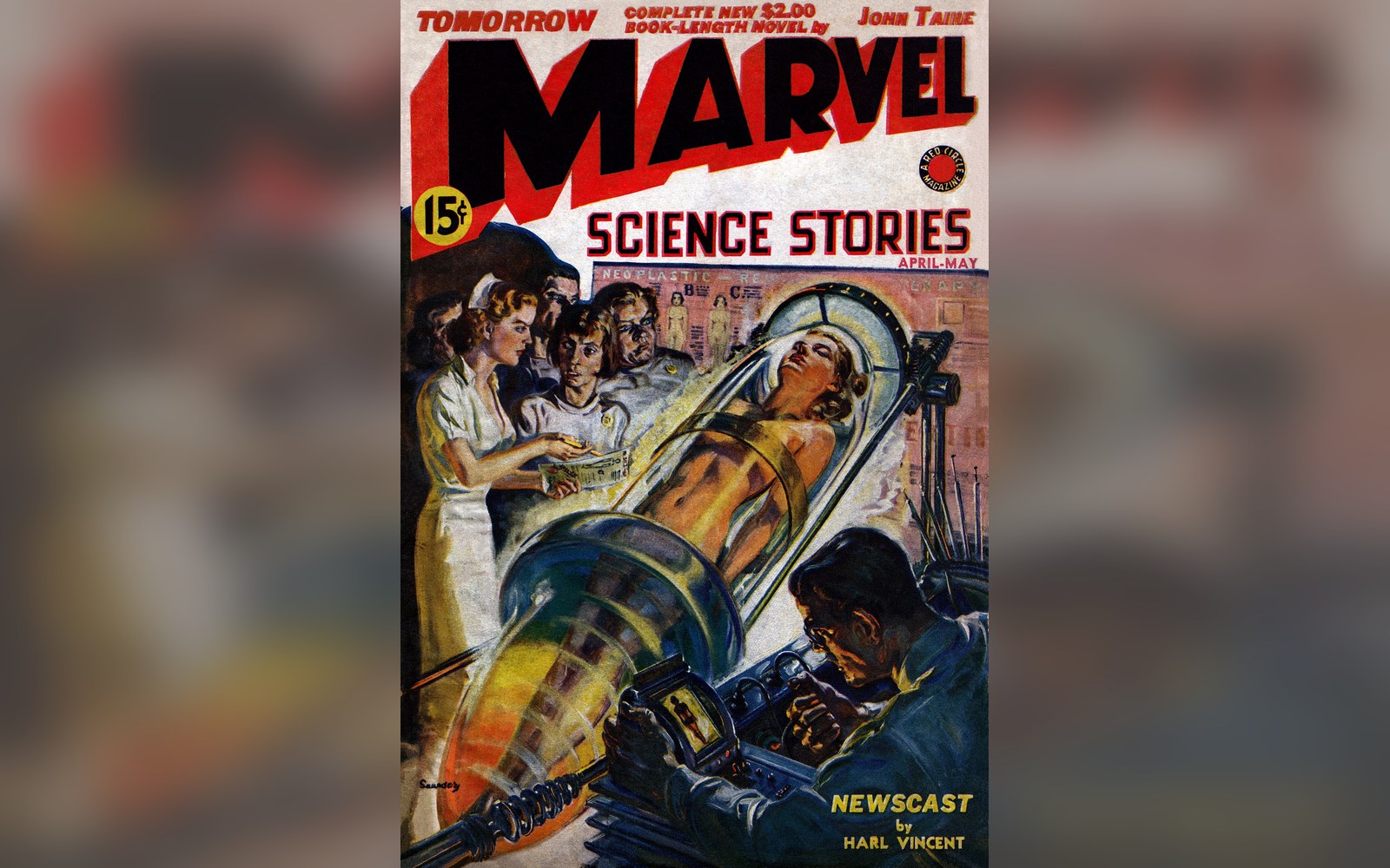 Vintage Marvel Science Stories magazine cover showing a woman in a futuristic medical capsule