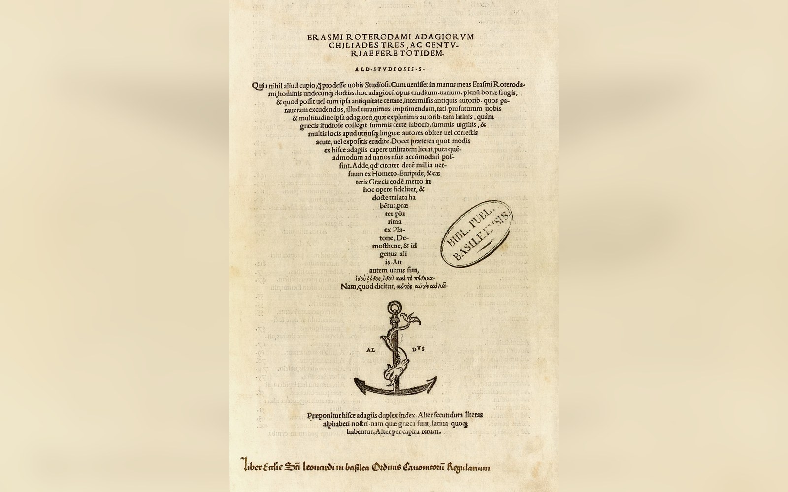 Title page of Erasmus's Adagia with dense italic text and an anchor-and-dolphin printer's mark