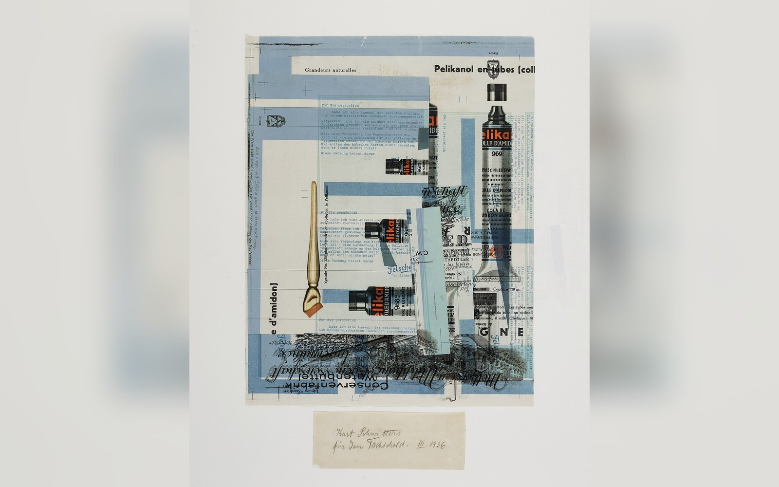 A collage of Pelikan glue advertisements, typographic text fragments and a paintbrush, mounted with a handwritten caption below