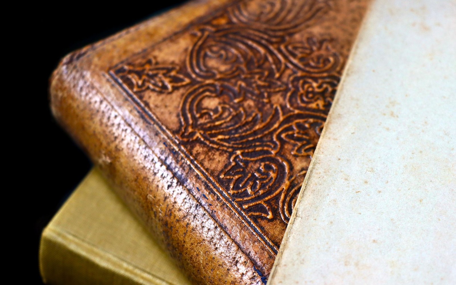 Close-up of an ornate leather book cover corner with embossed floral scrollwork
